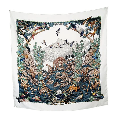 Dallet Panda Twill Heavy Silk Scarf Women's Large Kerchief with Decorative Painting