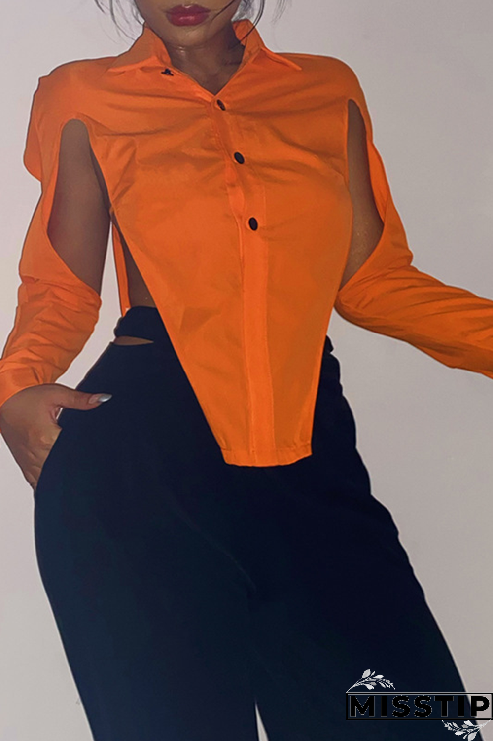 Grey Sexy Solid Hollowed Out Turndown Collar Tops