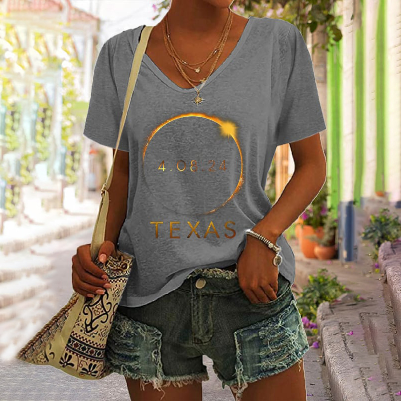 Comstylish Retro Total Solar Eclipse 2024 Texas Graphic V-Neck Comfy T-Shirt