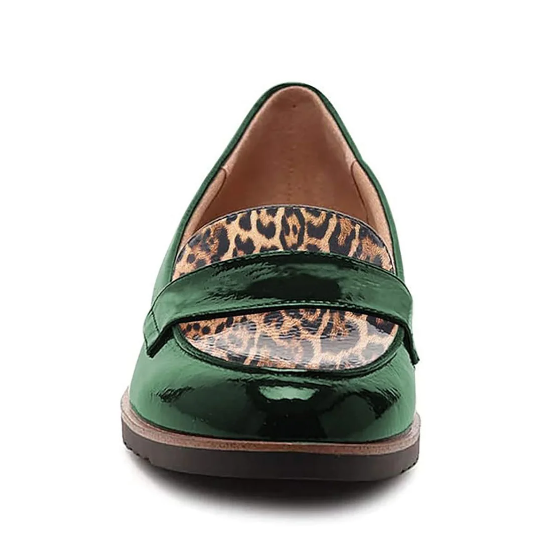Green Patent Leather Leopard Printed Moc Toe Flat Women's Loafers