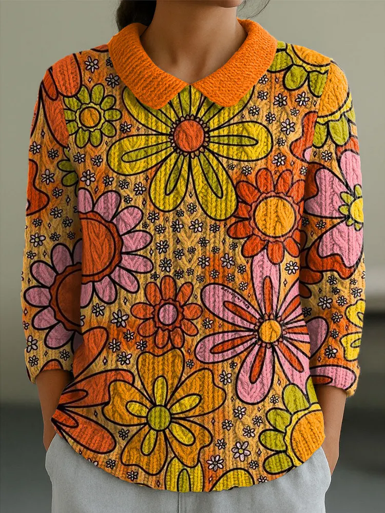 Women's Vintage Flower Floral Art Print Casual Peter Pan Collar 3/4 Sleeve Sweater