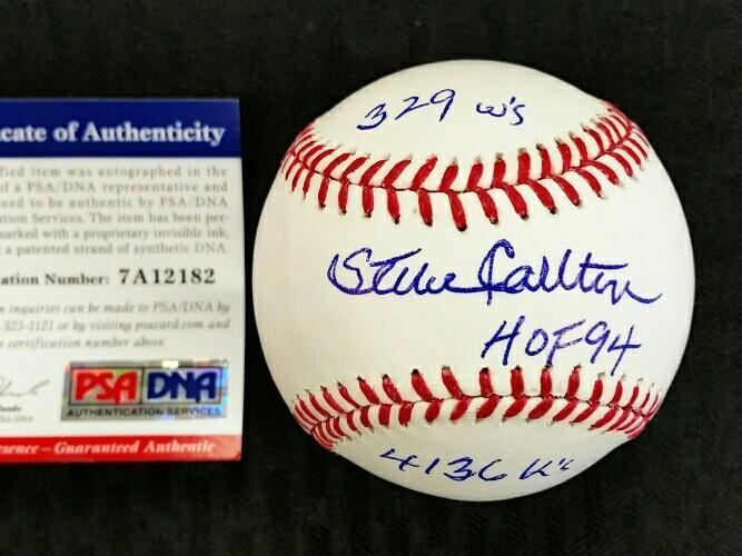 STEVE CARLTON Signed 3-inscription STAT MLB Baseball LE # /32 ~ PSA Witness COA