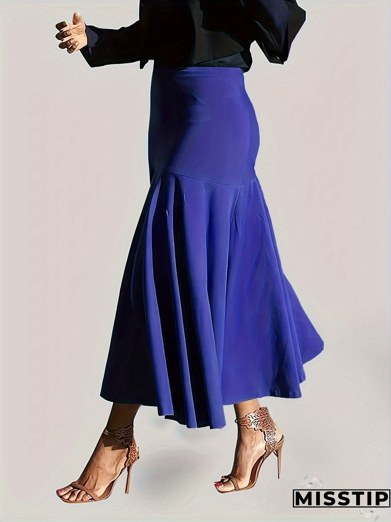 Plus Size Party Skirt, Women's Plus Solid High Rise Non-stretch Maxi Mermaid Skirt
