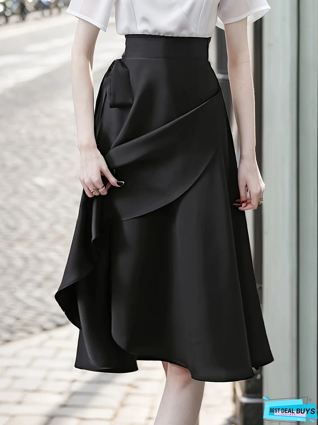 Solid High Waist Draped Skirt, Elegant Lace Up Flared Swing Midi Skirt, Women's Clothing