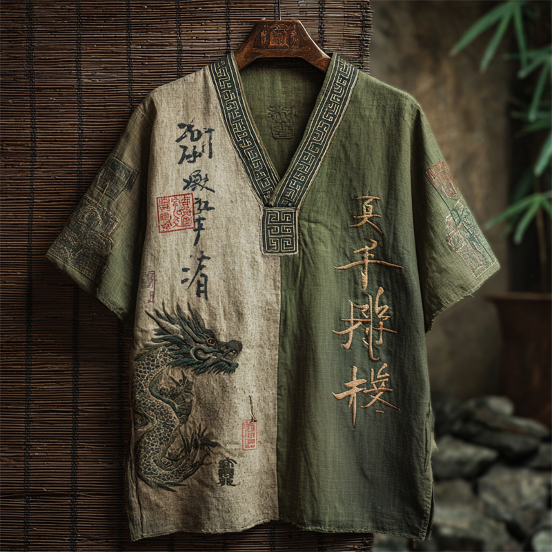 Japanese Dragon & Bamboo Calligraphy Art Linen Shirt elevenforest