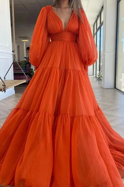 Bellasprom Deep Long Sleeves Prom Dress Bubble Sleeves V-Neck
