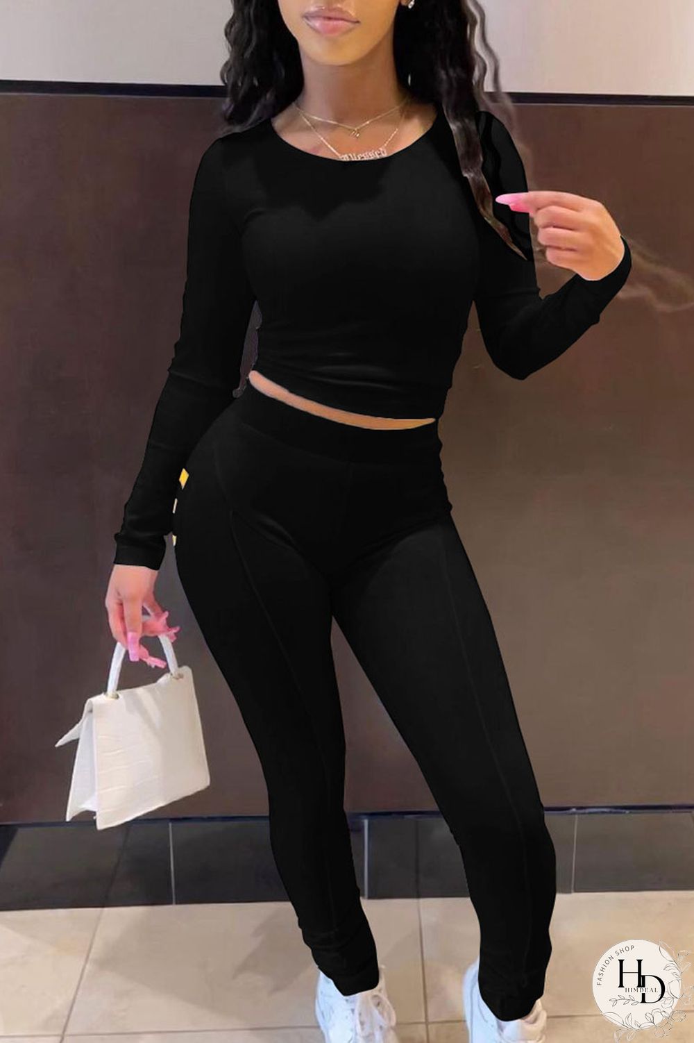 Black Sexy Print Bandage Hollowed Out Split Joint O Neck Long Sleeve Two Pieces