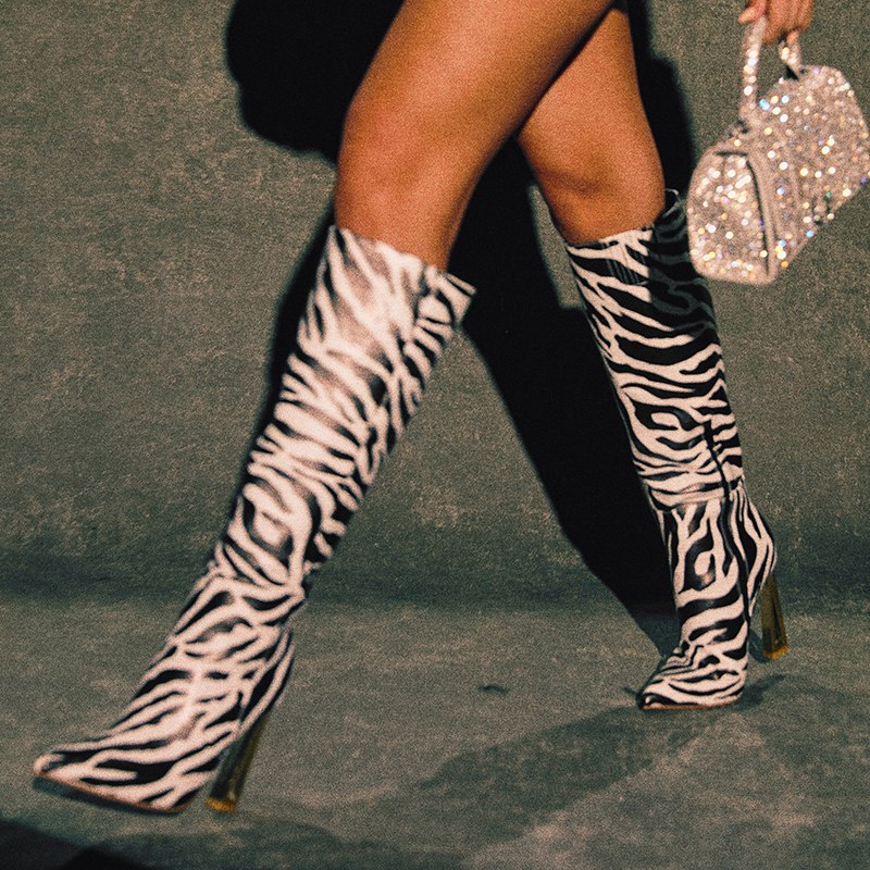 GOOSHOE Zebra Print Knee-High Boots With Spool Heels