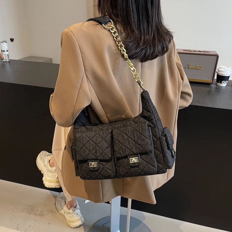 Women’s Denim Solid Color Lingge Classic Style Sewing Thread Dumpling Shape Zipper Crossbody Bag