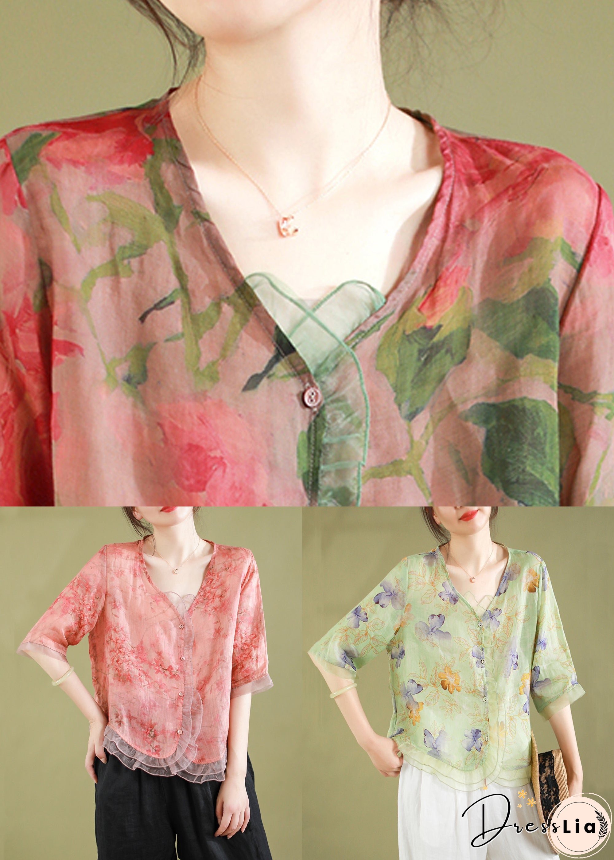 New Peach Style V Neck Button Tulle Patchwork Tops Summer