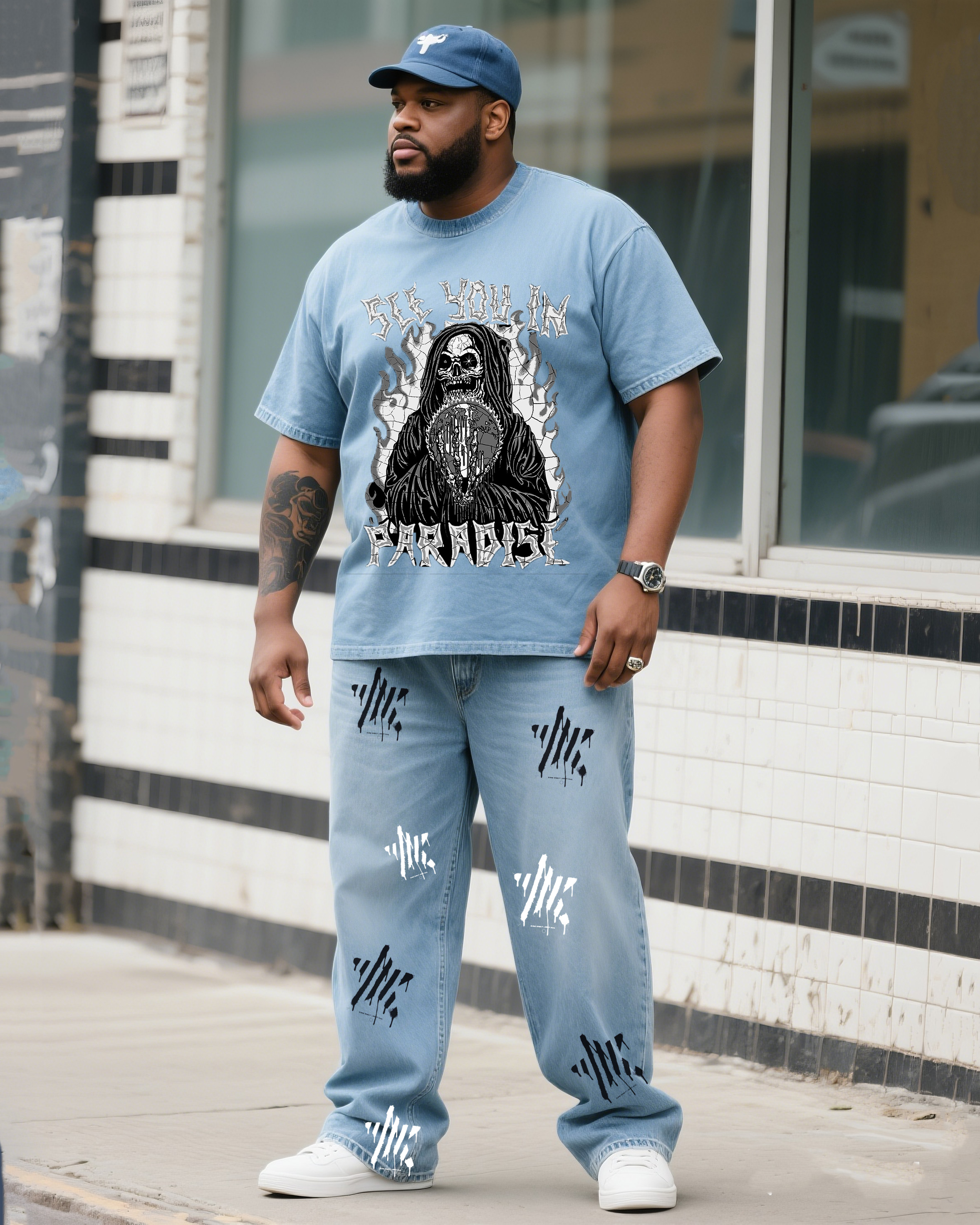 Plus Size Men's Daily Casual Death Print Denim T-Shirt Pants Suit