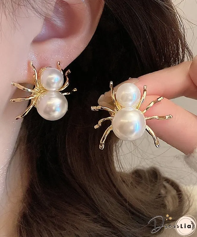 Unique White Sterling Silver Alloy Pearl Spider Stud Earrings