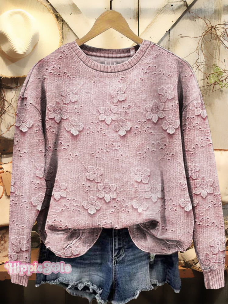 Women’s Floral Texture Art Print Pattern Knit Pullover Sweater Pink / S