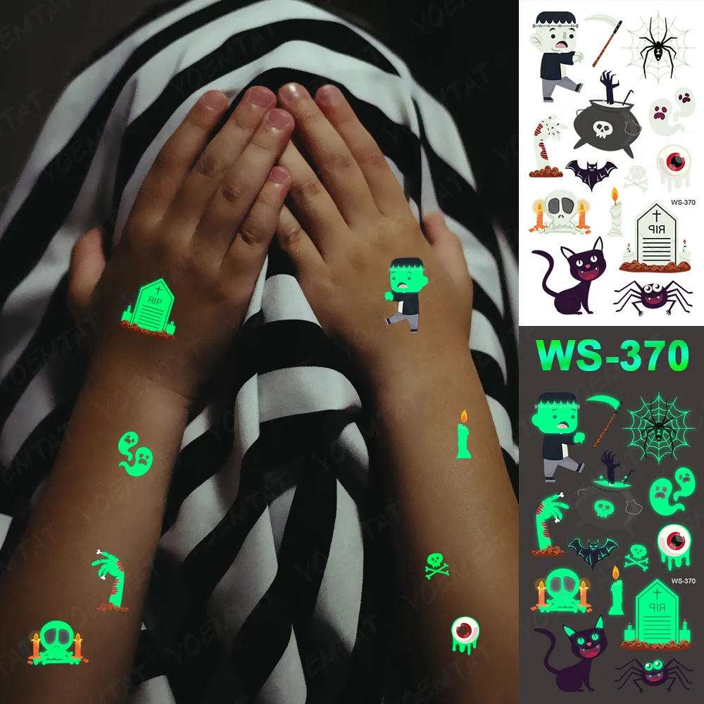 Sdrawing Temporary Luminous Tattoo Sticker Waterproof Pumpkin Skull Tatoo Arm Glowing Tattoos On Child Halloween Party Decor