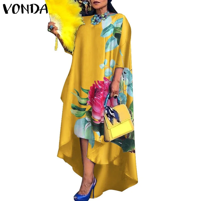 Women Dress 2022 VONDA Vintage Printed Asymmetric Party Long Maxi Dress Femme Robe Beach Sundress Casual Vestido Plus Size Robe