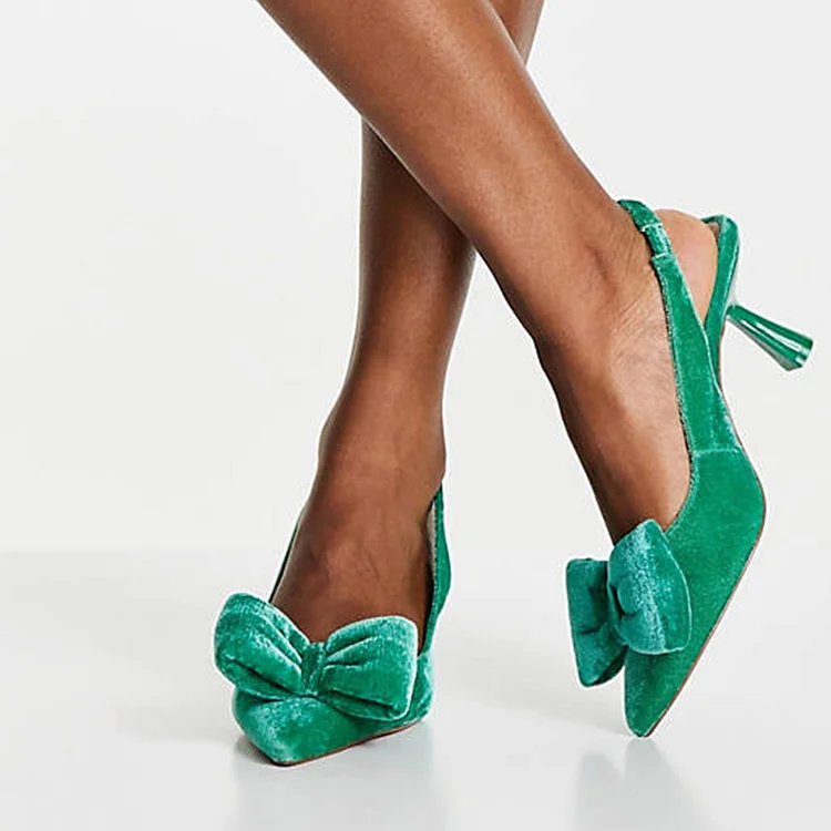Green Velvet Kitten Heels Women's Pointed Toe Slingback Pumps Elegant Bow Shoes |FSJ Shoes