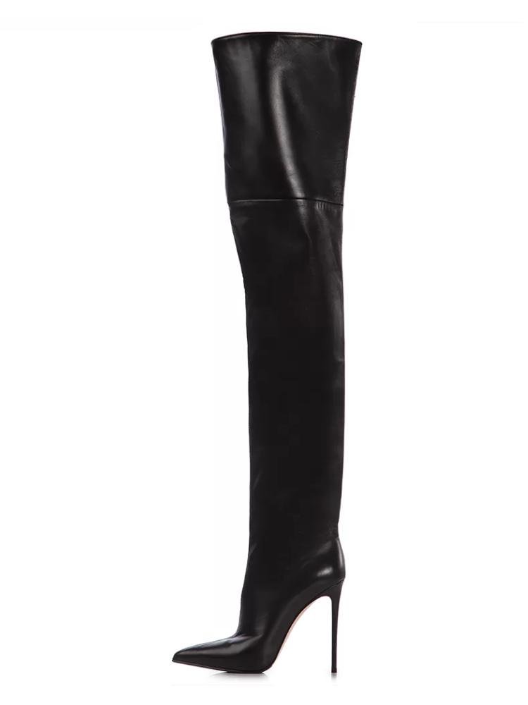Black Wide Calf Pointed Toe Stiletto Heel Thigh High Boots