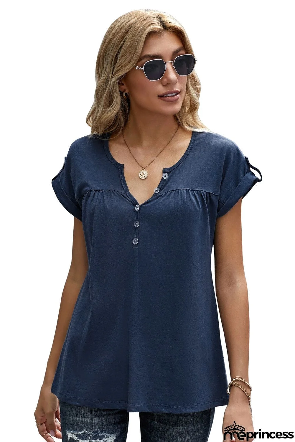 Women Old Fashioned Blue Buttoned Detail Cotton Blend Short Sleeve T-shirt