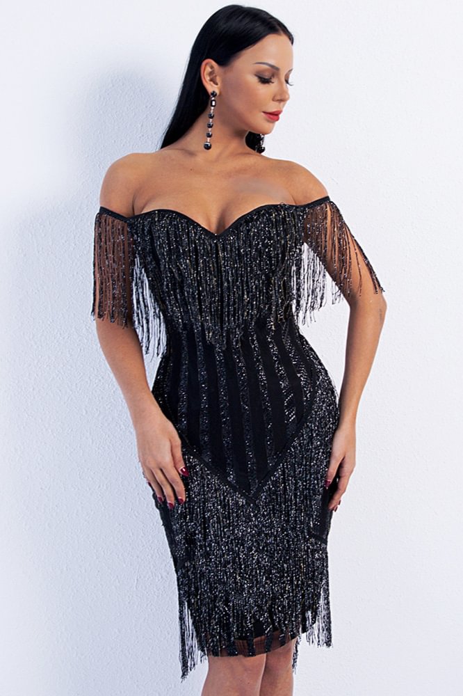 Chic Off-the-Shoulder Sequins Tassels Mermaid Short Homecoming Dress - lulusllly