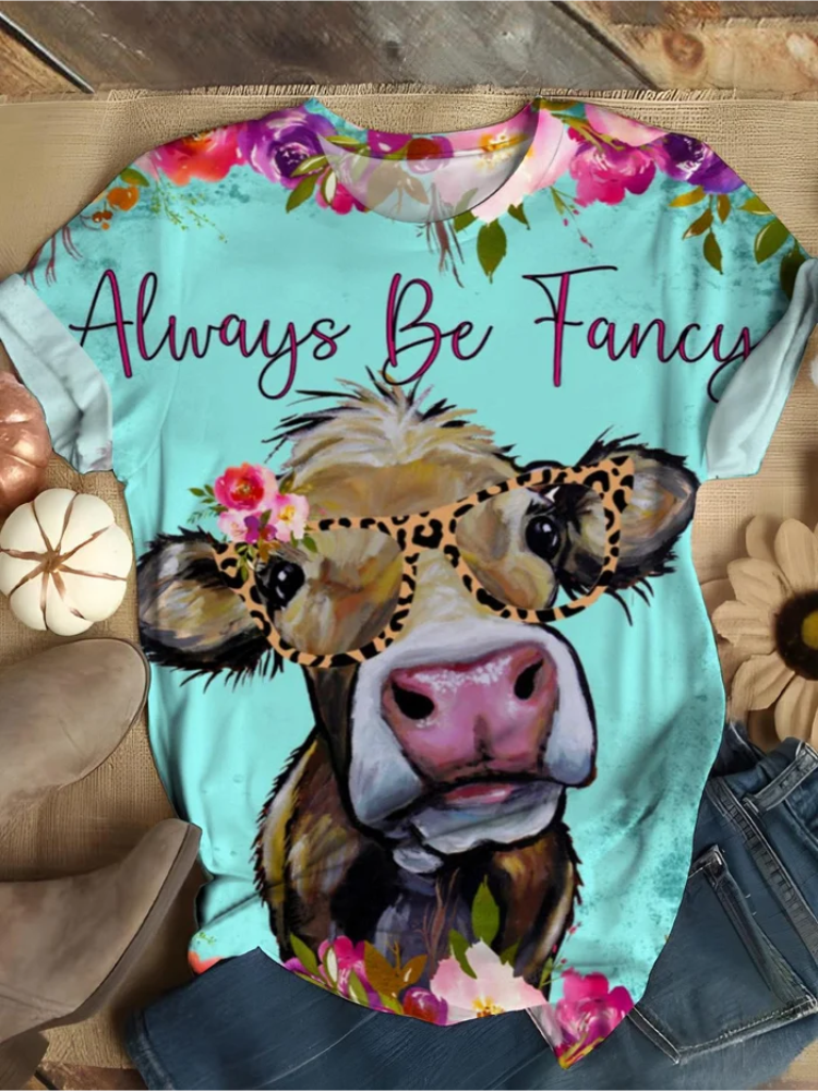 Always Be Fancy Cow Flower Crew Neck T-Shirt wearshes