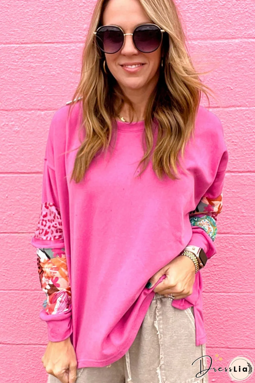 Sachet Pink Mixed Print Patch Drop Shoulder Pullover Top