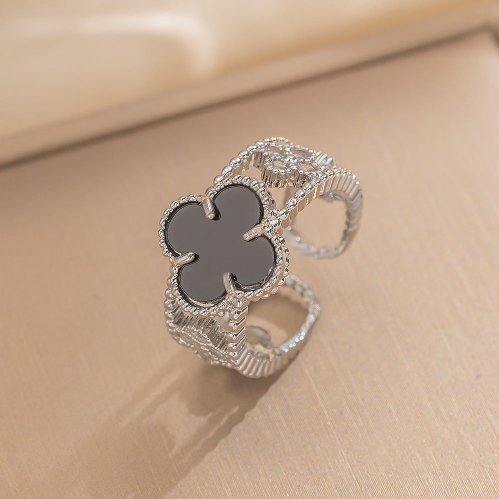 Ring Niche Four-Leaf Clover Zircon Ring Female Retro Open Adjustable Ring