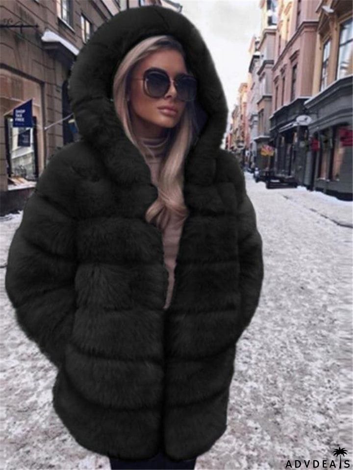 Ultra Comfortable Pocket Faux Fur Hooded Midi Length Coat
