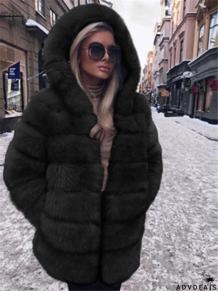 Ultra Comfortable Pocket Faux Fur Hooded Midi Length Coat