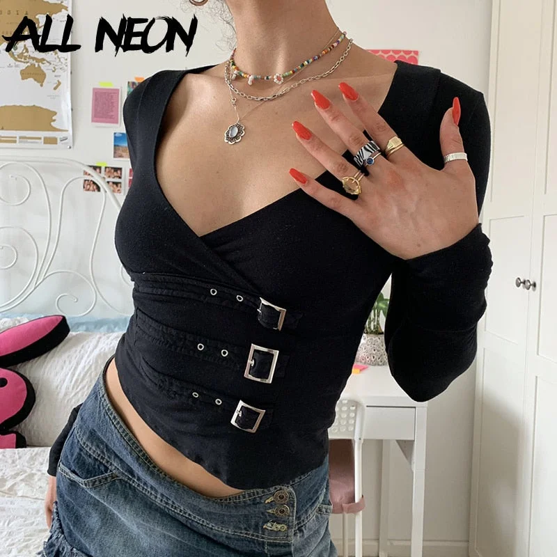 Graduation Gifts  E-girl Streetwear V-neck Black Long Sleeve Crop Tops Grunge Aesthetics Gothic Buckle Trim T-shirts Criss-Cross Tees