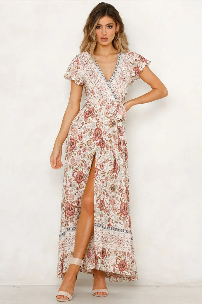 UForever21 Women Maxi Dress Summer Beach Tunic V Neck Split  Split Casual Vintage Floral Print Long Boho Dress Women