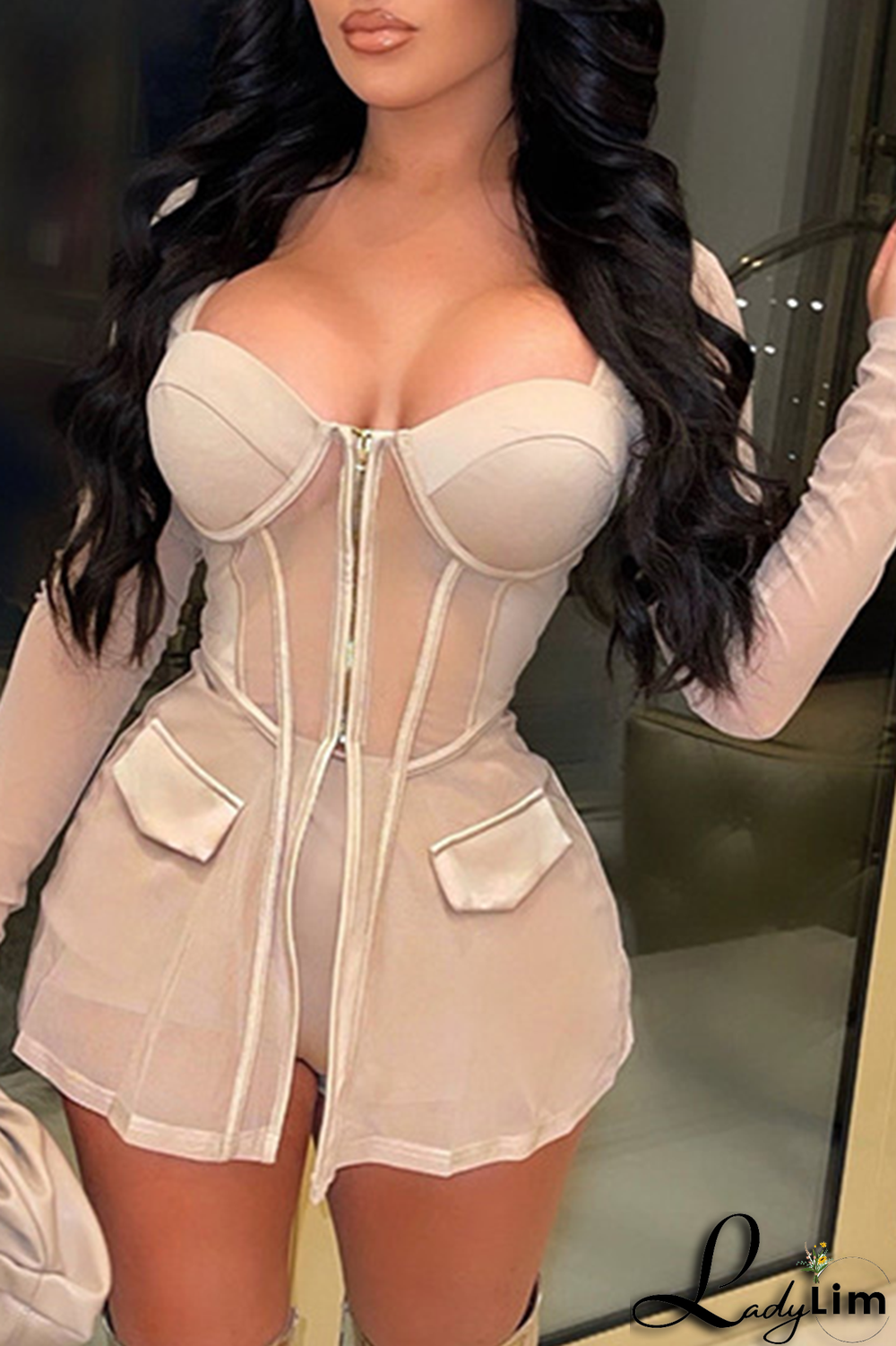 Tangerine Red Sexy Solid Mesh Square Collar Long Sleeve Two Pieces