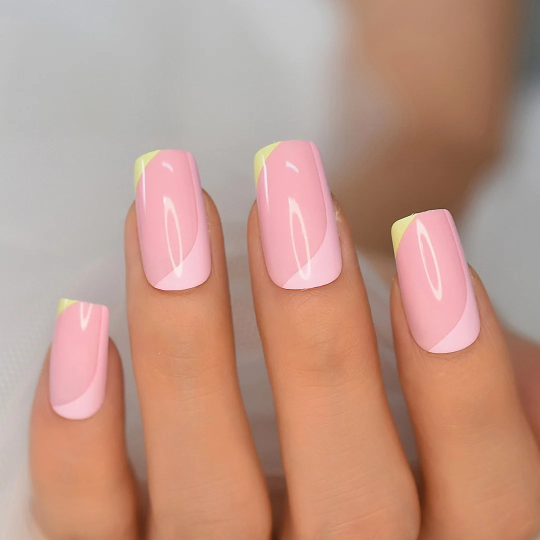 Pink Press On Nails Medium Square Glossy Mixed Color Fake Nails Art Tips Full Cover Gloss Gel Nail Design