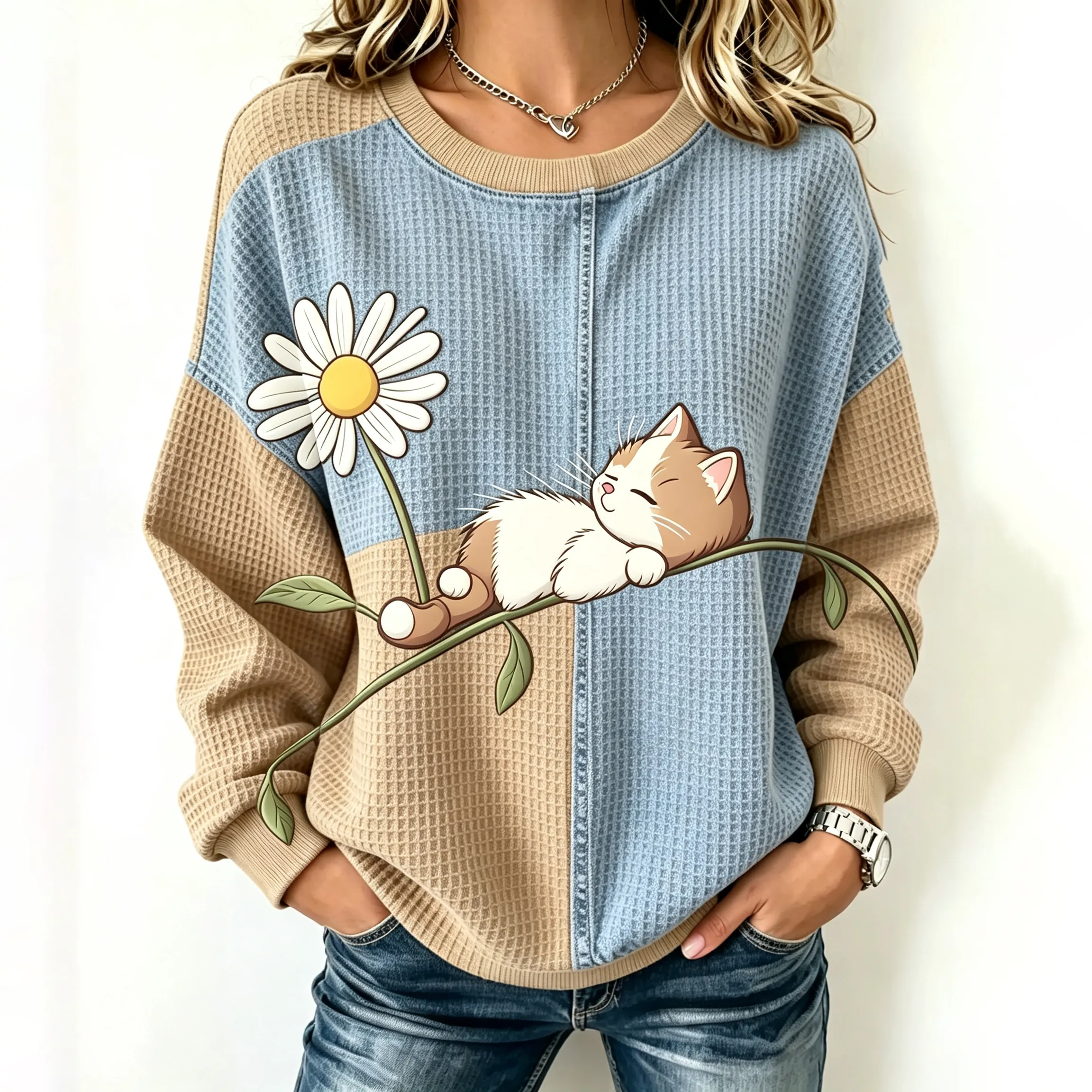 Comstylish Abstract Creative Cool Cat In Patchwork Graphic Print Waffle Sweatshirt