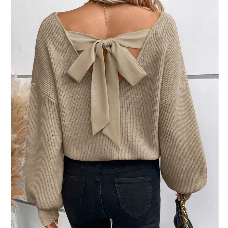 Athvotar Athvotar Women's V-Neck Solid Color Sweater Autumn New Long-Sleeved Casual Loose Bow Top Woman