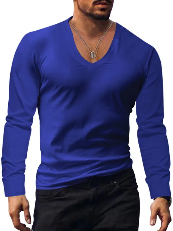 Men's V-neck Knitted Basic Simple And Comfortable Long-sleeved T-shirt PLUSCLOTHESMAN