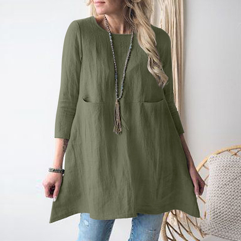 Women's Casual Tops Loose Pocket Round Neck Fashion Loose Blouses & Shirts