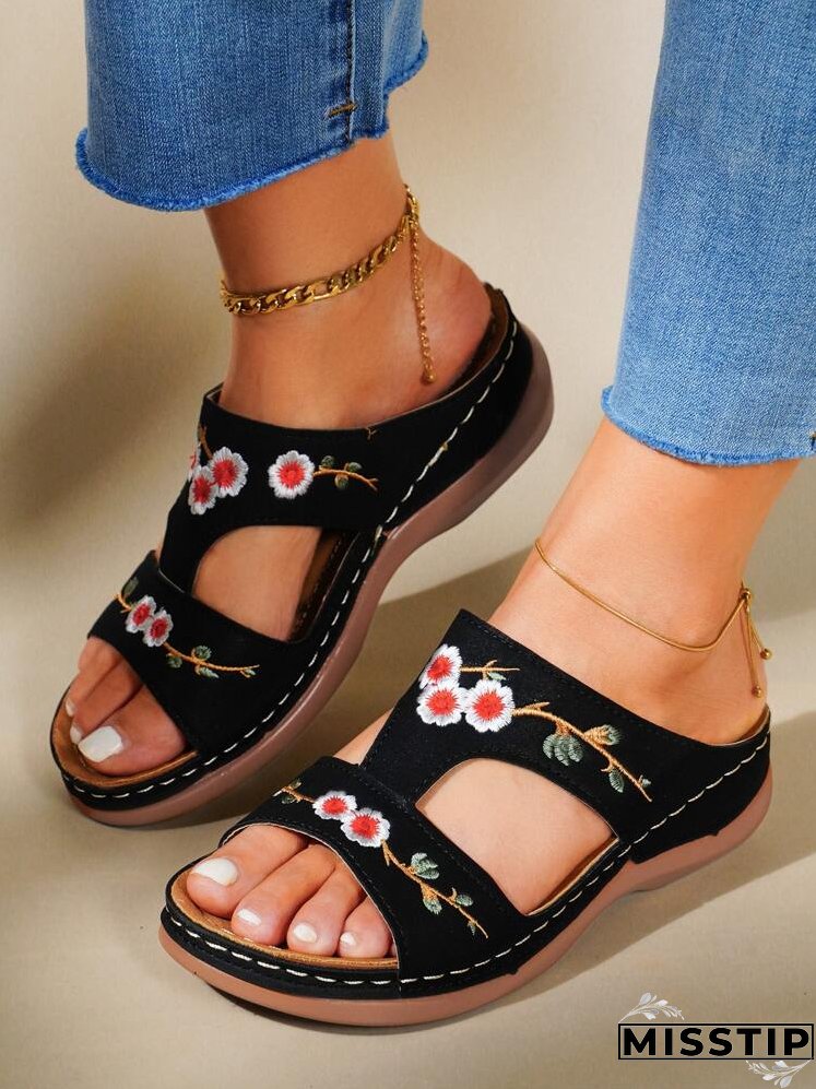 Floral Embroidery Wedge Sandals