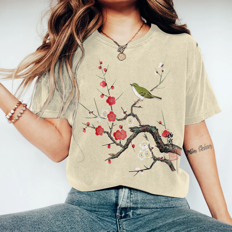 Comstylish Japanese Art Flower And Bird Print Round Neck Short Sleeved T-Shirt