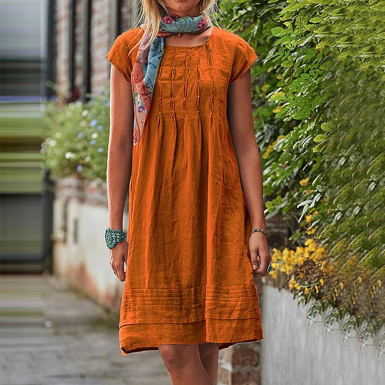Women's Summer Linen Pockets Pleated Swing Solid Dresses