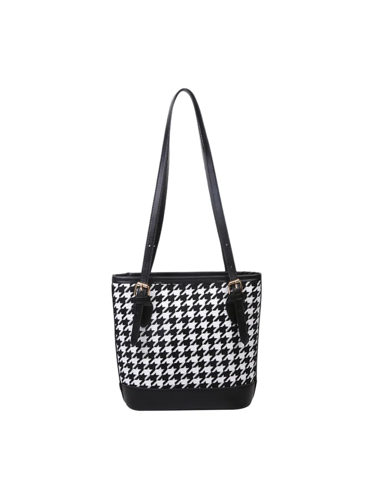 Retro Plaid Handbag Women PU Bucket Totes Casual Shoulder Bags (Black)