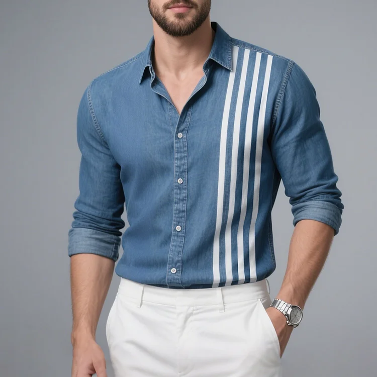 Okaywear Denim Striped Button Long Sleeve Shirt Okaywear
