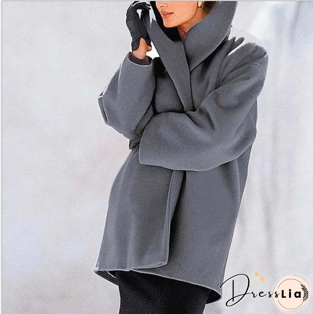 Round Neck Winter Plain Loose Coat With Hat