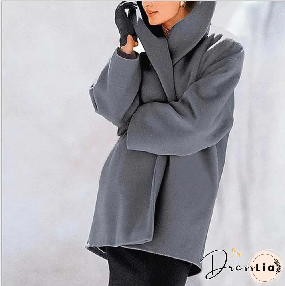 Round Neck Winter Plain Loose Coat With Hat