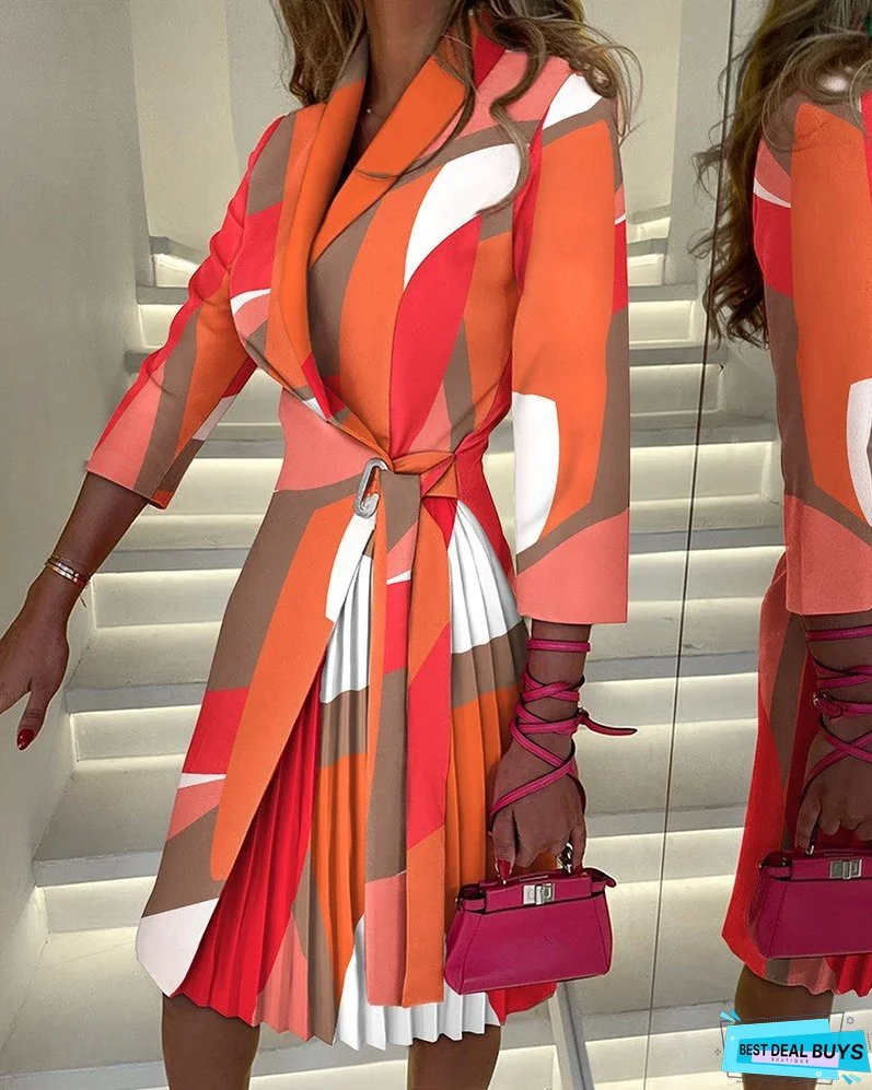 Spring and Autumn New V-neck Fashion Tie Waist Pleated Stitching Half Sleeve Dress