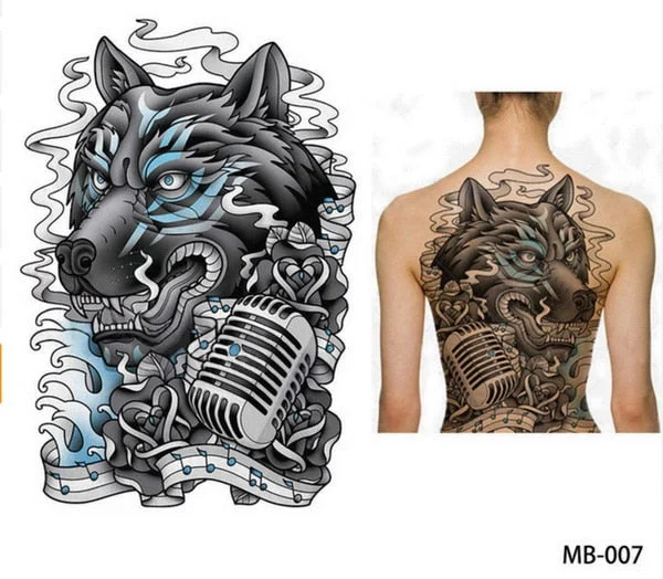 48*35 cm large tattoo stickers 2018 new designs fish wolf buddha waterproof temporary flash tattoos full back chest body for men