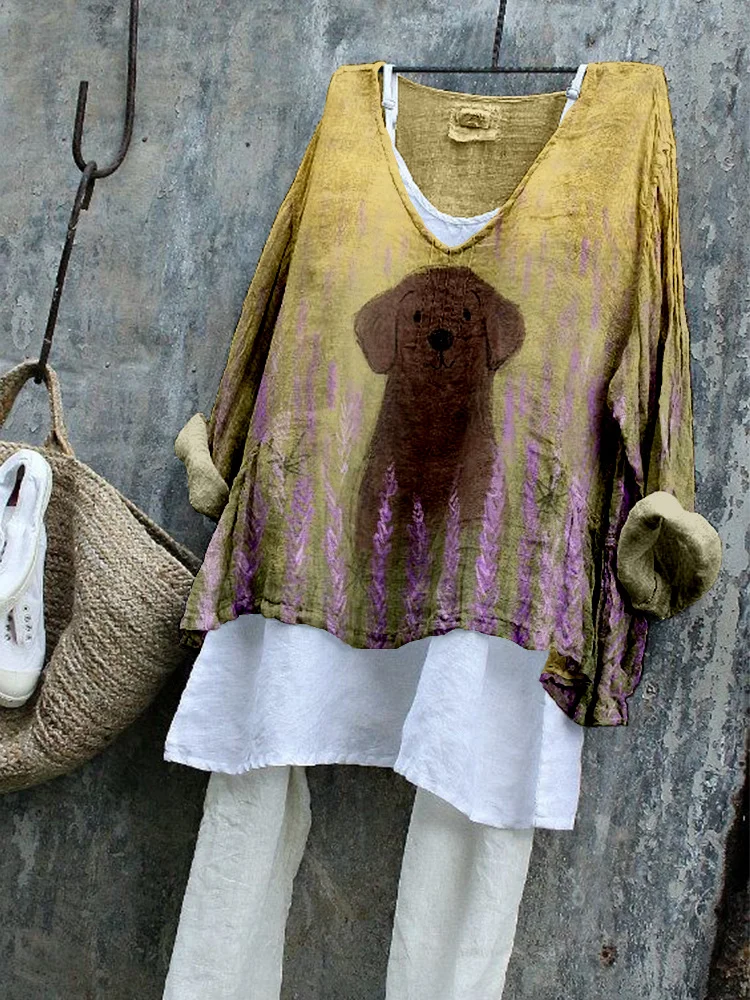 Cute Dog & Lavender Art Linen Blend Tunic
