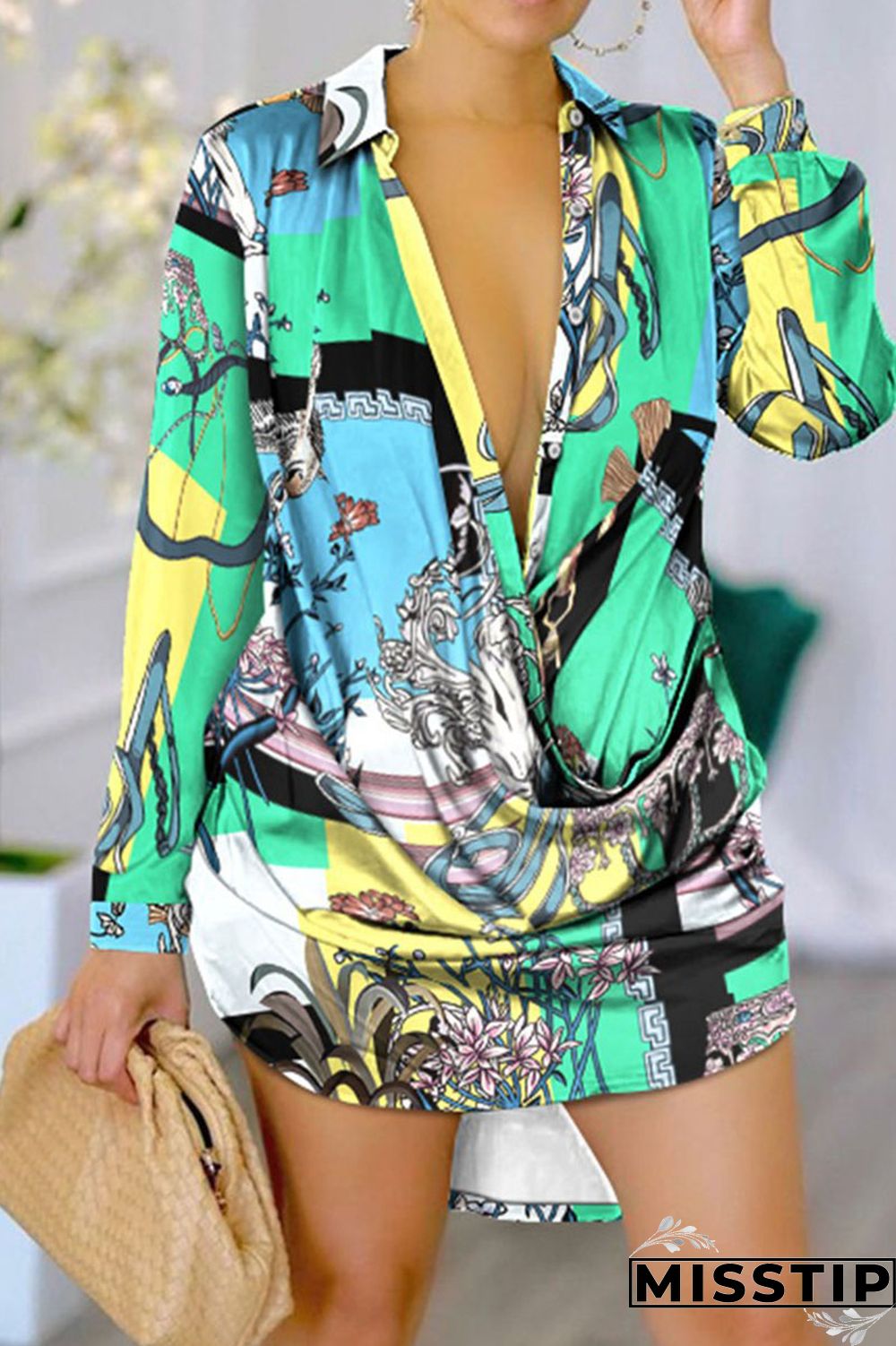 The cowboy blue Casual Print Patchwork Buckle Turndown Collar Straight Dresses