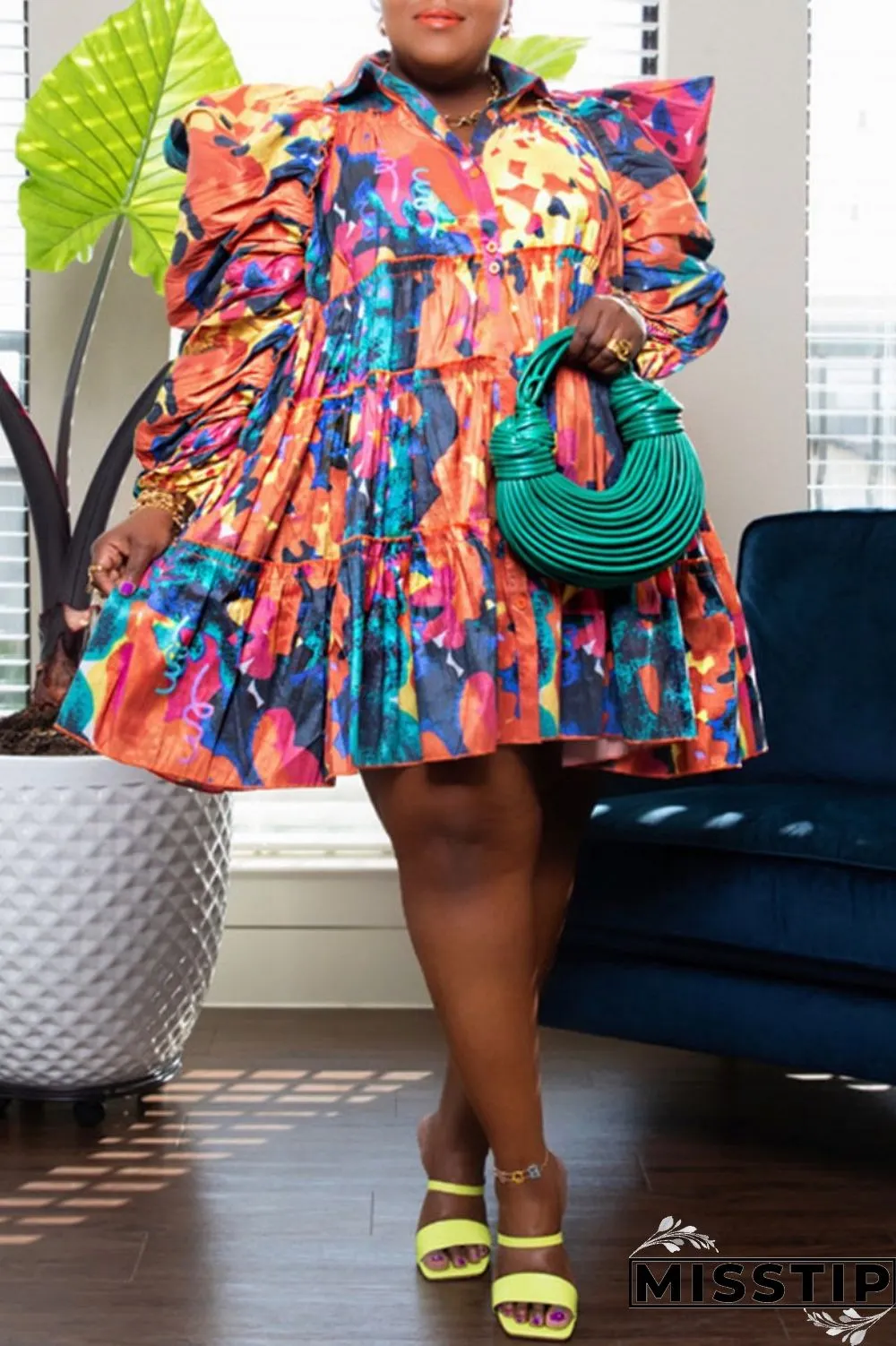 Orange Green Casual Print Patchwork Shirt Collar Shirt Dress Plus Size Dresses