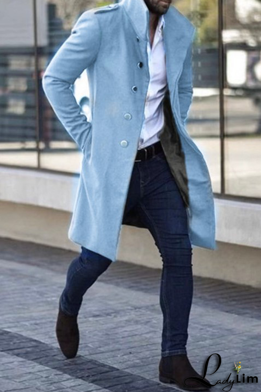 Light Gray Casual Solid Pocket Buckle Mandarin Collar Outerwear