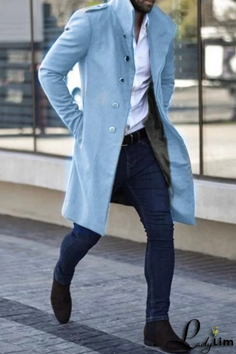 Light Gray Casual Solid Pocket Buckle Mandarin Collar Outerwear